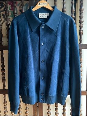 ST. CROIX KNITS Vintage 1970s Blue Faux Suede & Wool Button-Up Cardigan Jacket